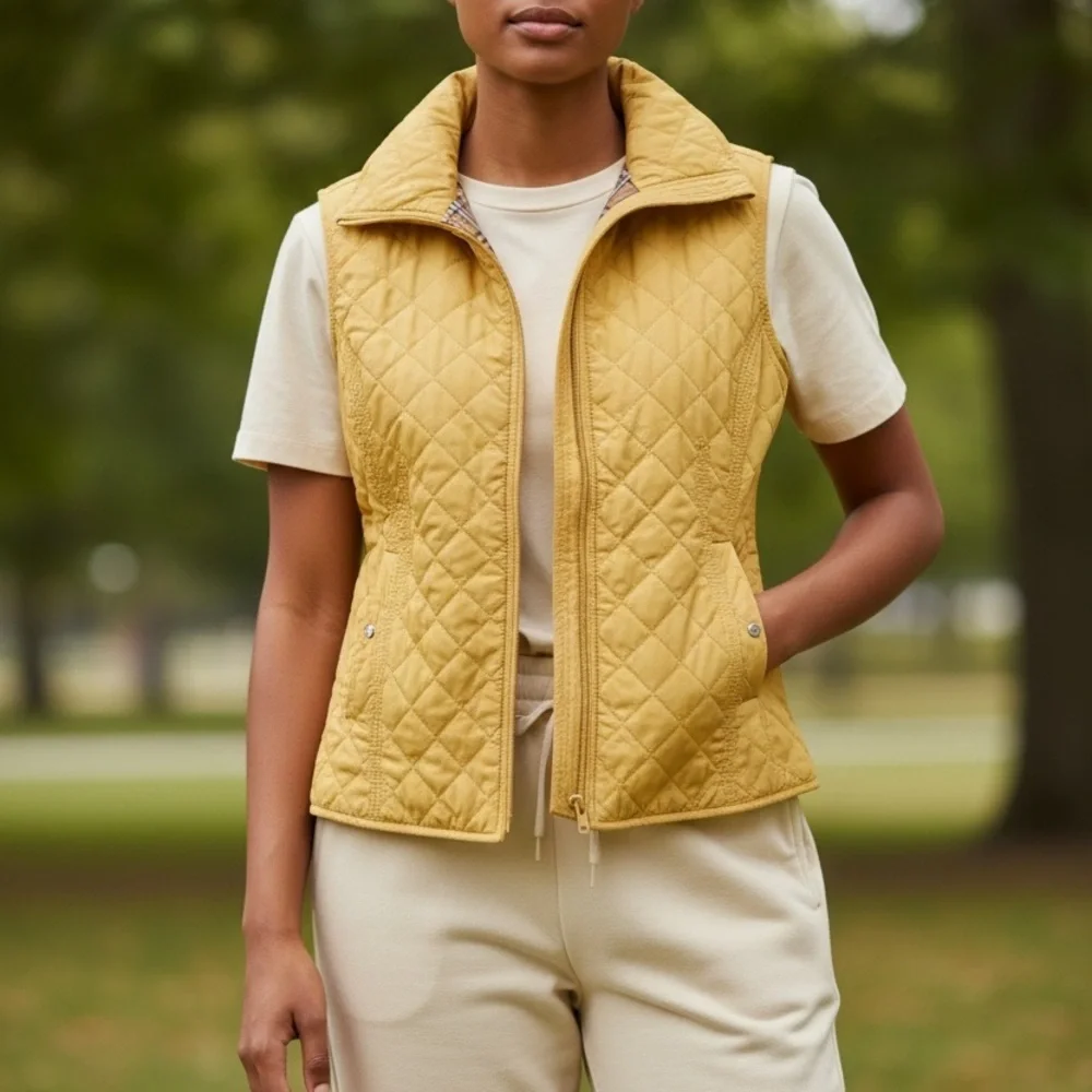 Women’s Mustard Yellow Quilted Puffer Vest Zip Front Lightweight Preppy Size S